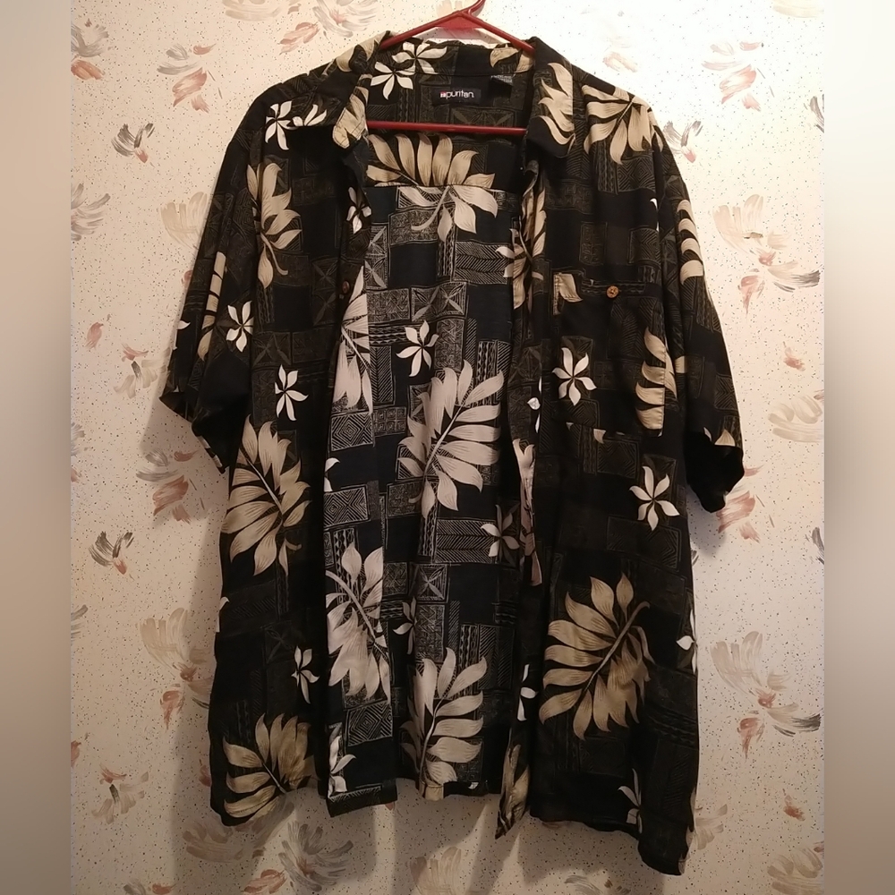 Men's 2XL (50/52) Puritan Hawaiian Shirt Floral Leaf Black Short Sleeve